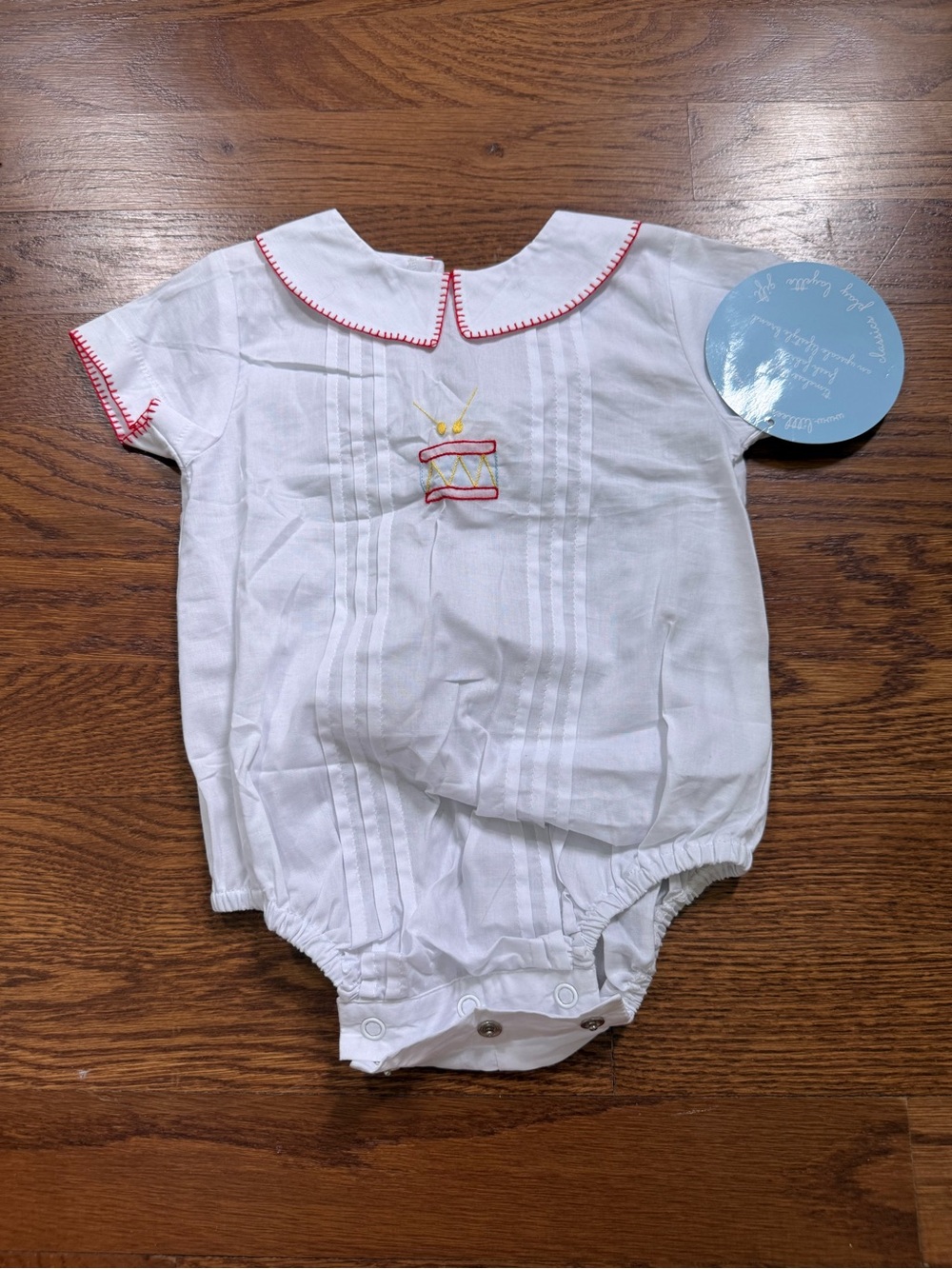 Little English White and Red Baby One-Piece with Drum Embroidery